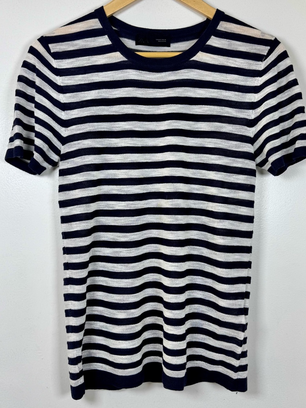 ZARA Nautical Navy & White Semi Sheer Crew Neck Knit Top Women’s Small cotton EU